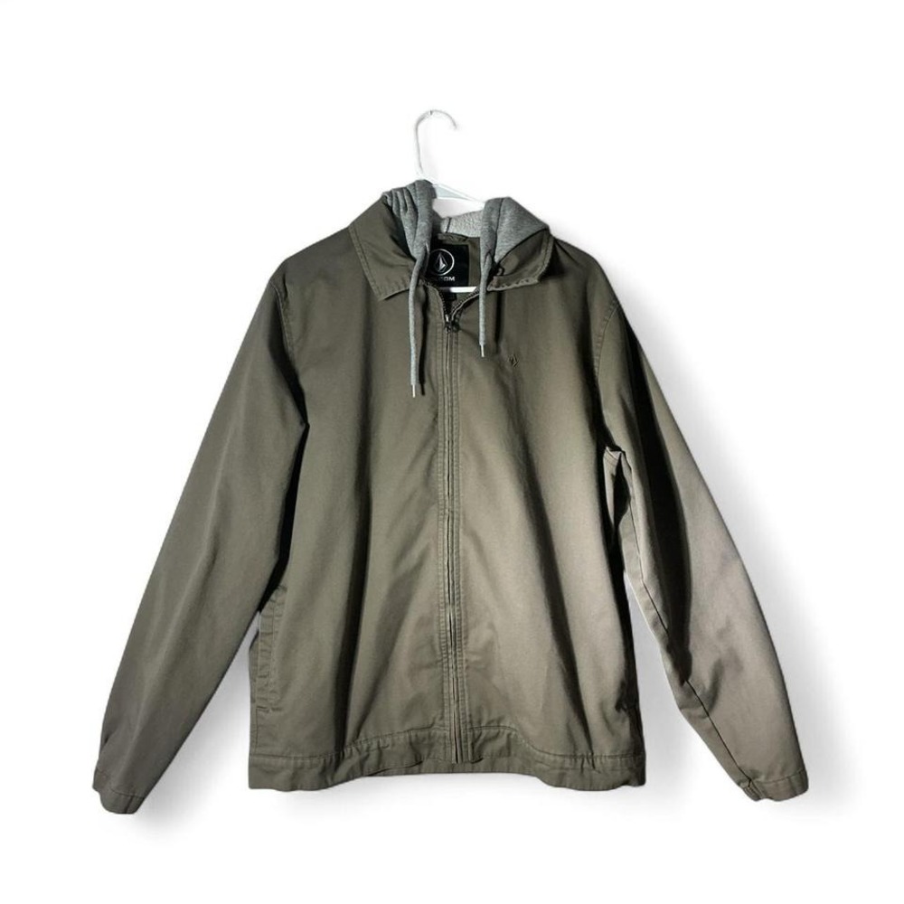 Volcom Mens Hooded Full Zip Jacket Olive Drab Taupe Skater Workwear Large